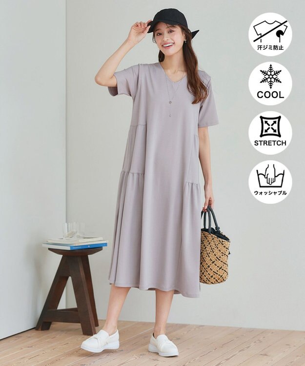 Tiaclasse 【小倉優子さん着用・洗える・接触冷感・汗ジミ防止】“サマさまカットソー”サイドティアードワンピース グレージュ
