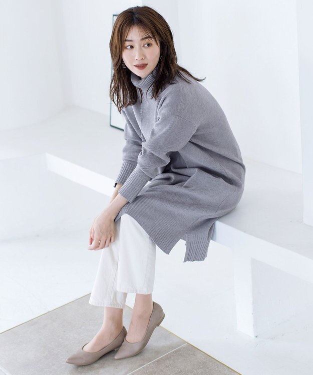Tiaclasse 【洗える】華のあるニットタートルワンピース グレー