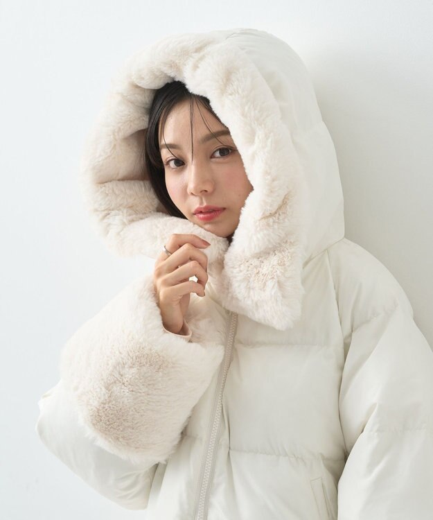 earth music&ecology フードファー中綿ショートコート ホワイト