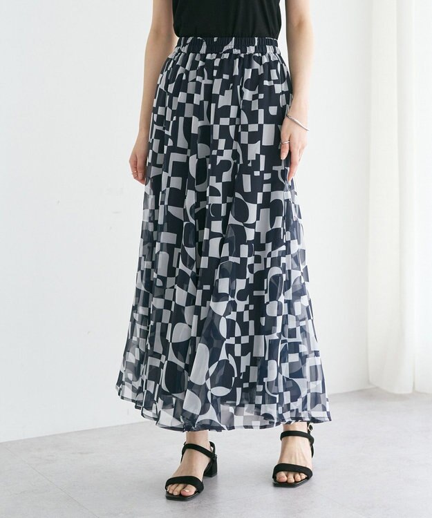 YECCA VECCA アート柄シアーロングスカート Black
