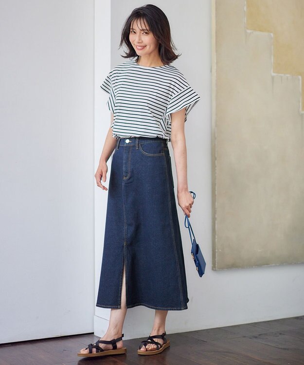 ANY 【接触冷感/UVケア/シワになりにくい】フレアスリーブ TブラウスⅡ ボーダー