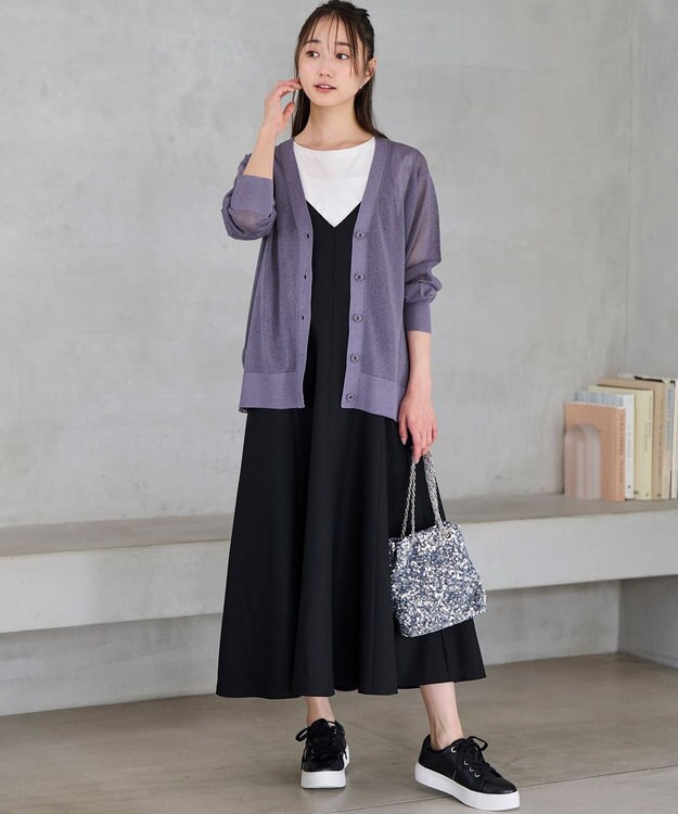 ANY SIS 【洗える】シアーVネック カーディガン パープル