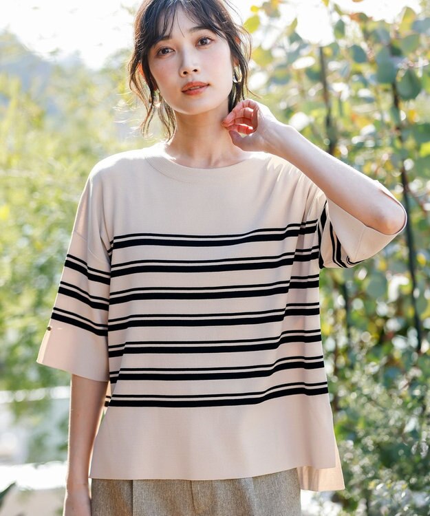 ANY SIS 【アイスタッチ】ボートネックニット プルオーバー ベージュ×ブラック