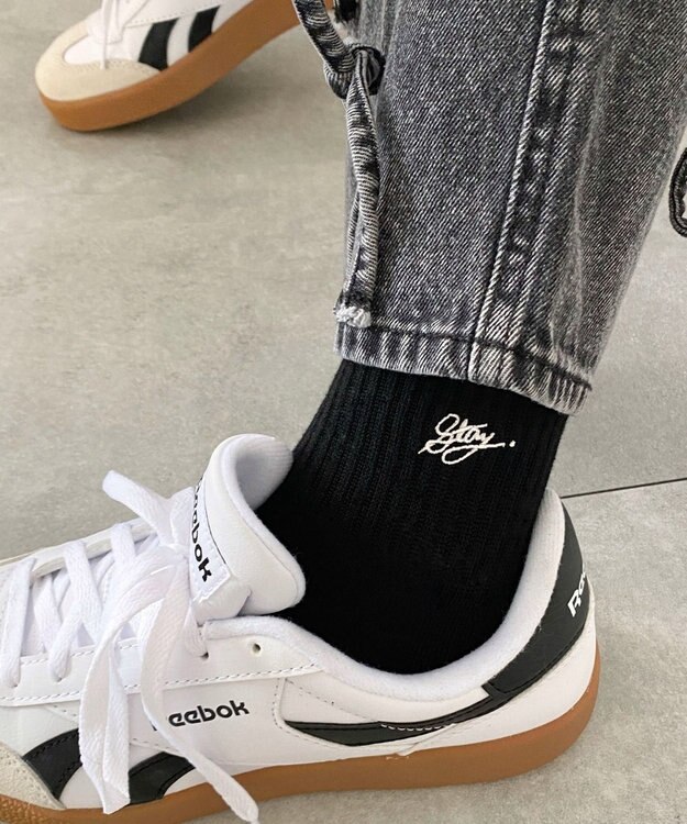 WEGO カラーロゴ刺繍アンクルパイルソックス ブラック