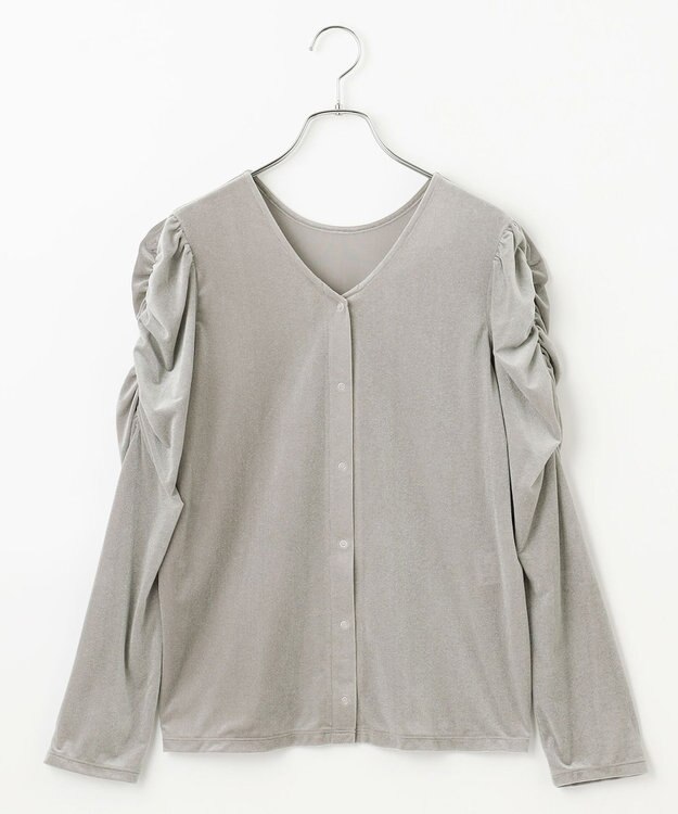 #Newans 【洗濯機可／ 前後着用可】 ギャザースリーブシアーベロアカーディガン ライトグレー