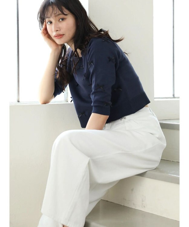 Green Parks ・ＡＮＤ　ＳＥＡＲＣＨ　メニーリボン５分袖ニット Navy