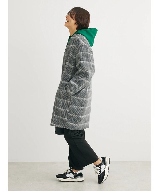 Green Parks コクーンシルエットチェックシャギーコート Black