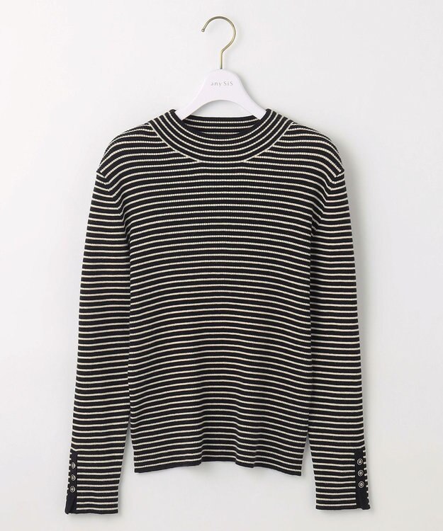 ANY SIS 【洗える】リブインナー ニット ブラック×アイボリーボーダー
