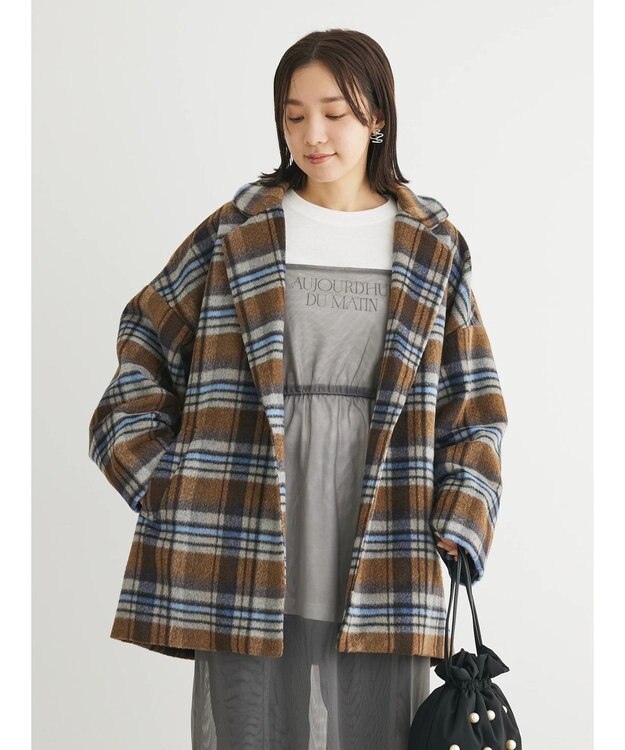 Green Parks ・ＥＬＥＮＣＡＲＥ　ＤＵＥ　シャギーチェックミドルコート Brown