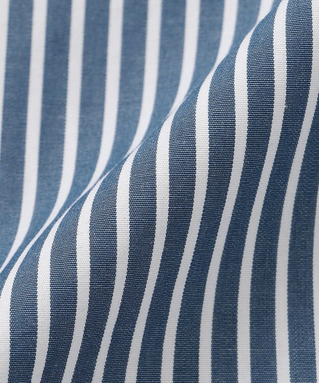 23区 L 【洗える】CANCLINI ポケット付き パールボタン シャツブラウス ブルー×ホワイトストライプ