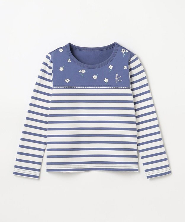組曲 KIDS 【110-140㎝】フラワー刺繍ボーダー Tシャツ ダスクブルー系