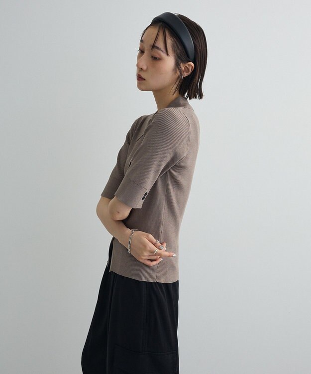 Green Parks ポロ襟5分袖リブニット Gray Beige