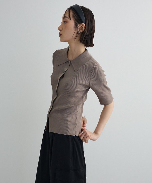 Green Parks ポロ襟5分袖リブニット Gray Beige