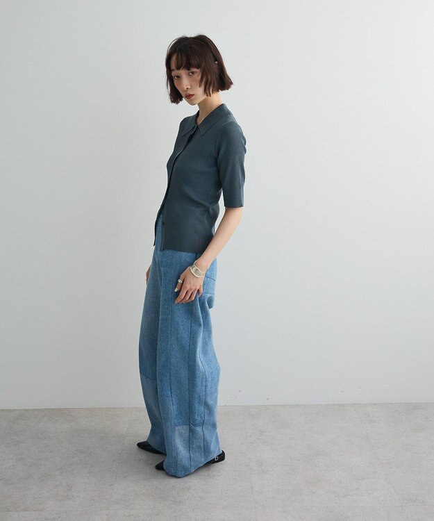 Green Parks ポロ襟5分袖リブニット Turquoise Blue