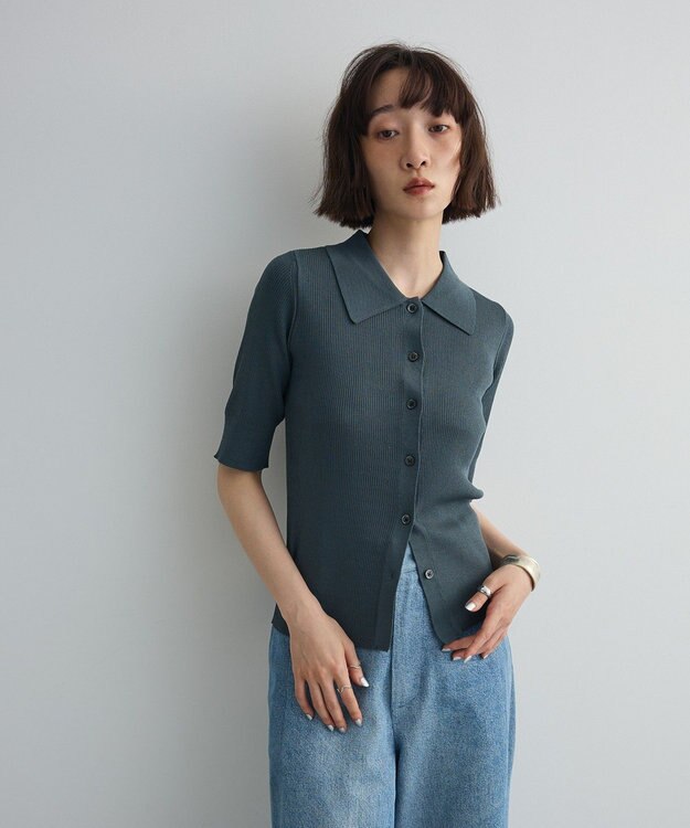 Green Parks ポロ襟5分袖リブニット Turquoise Blue