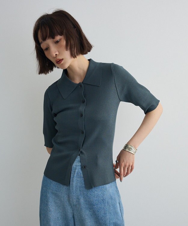 Green Parks ポロ襟5分袖リブニット Turquoise Blue