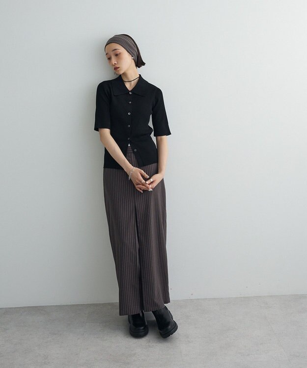 Green Parks ポロ襟5分袖リブニット Black