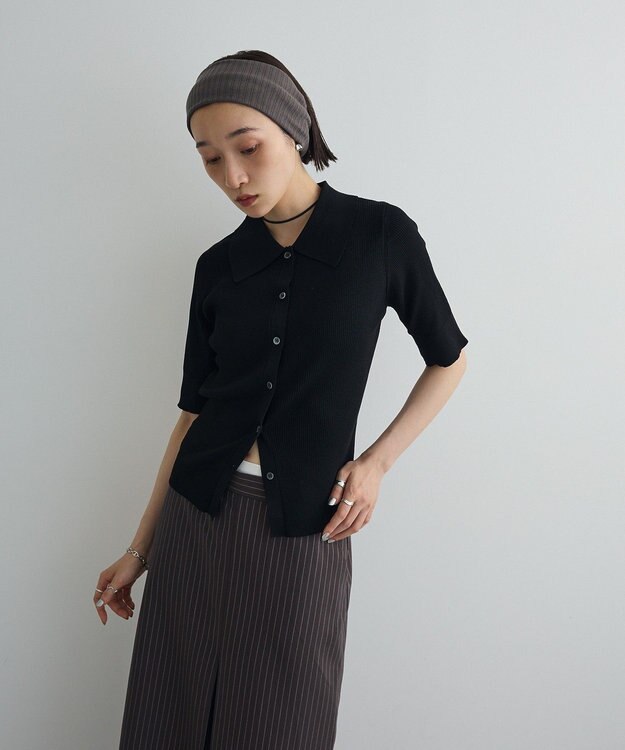 Green Parks ポロ襟5分袖リブニット Black