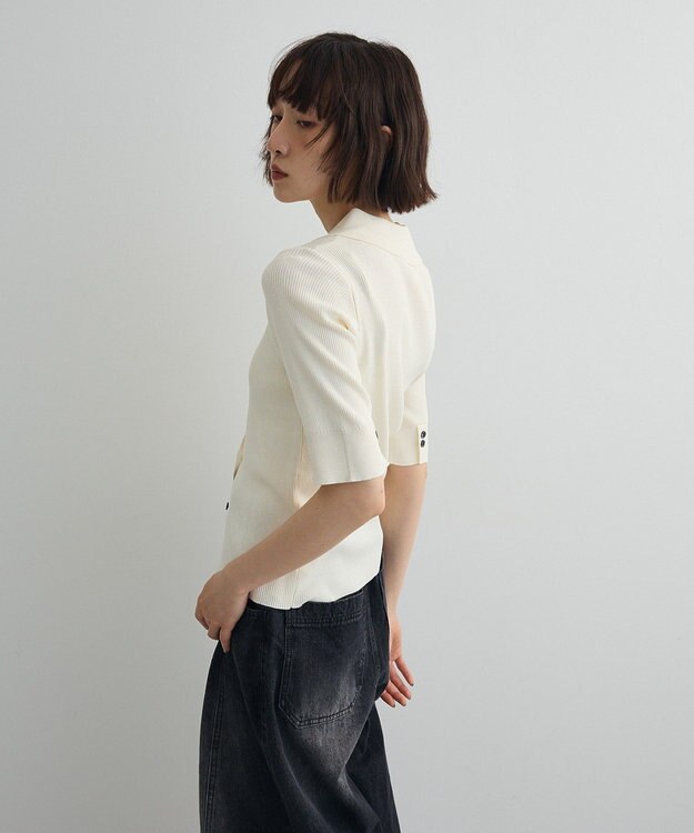 Green Parks ポロ襟5分袖リブニット Off White