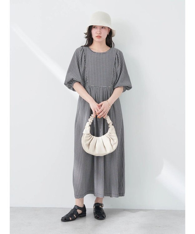 earth music&ecology ボリュームスリーブＣｈｅｃｋワンピース Black