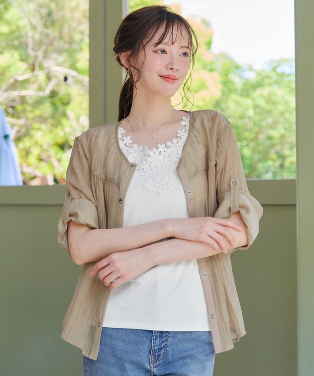 Tiaclasse 【洗える】楊柳バックフリルブルゾン ベージュ