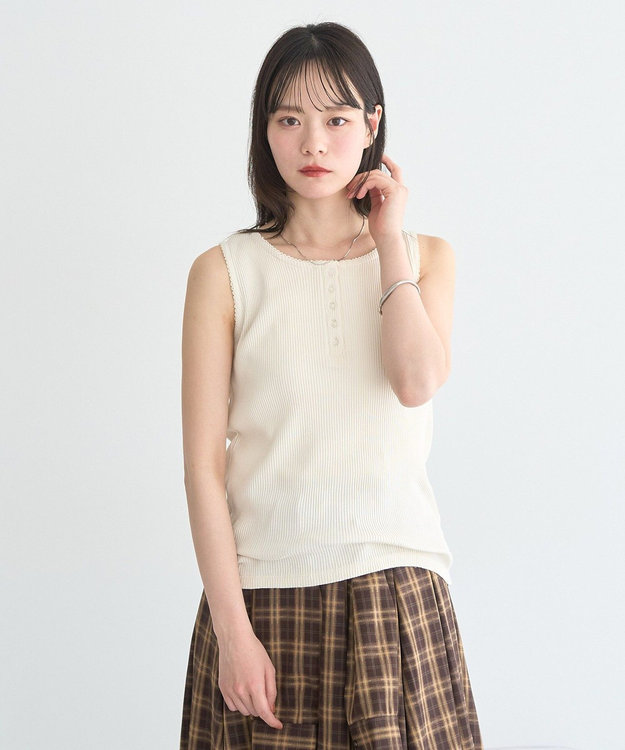 earth music&ecology 【綿100％】ピコミシンヘンリーネックタンクトップ Ivory