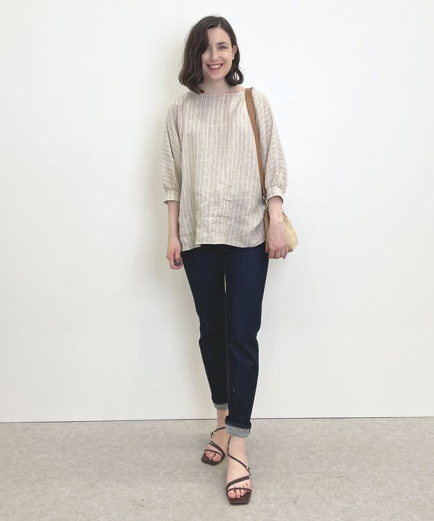 自由区 【洗える】リネンストライプ ボートネックブラウス ベージュ系1