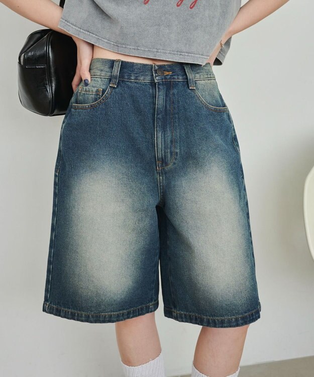 WEGO 【SMサイズ展開】ヴィンテージウォッシュデニムハーフパンツ デニム中濃色