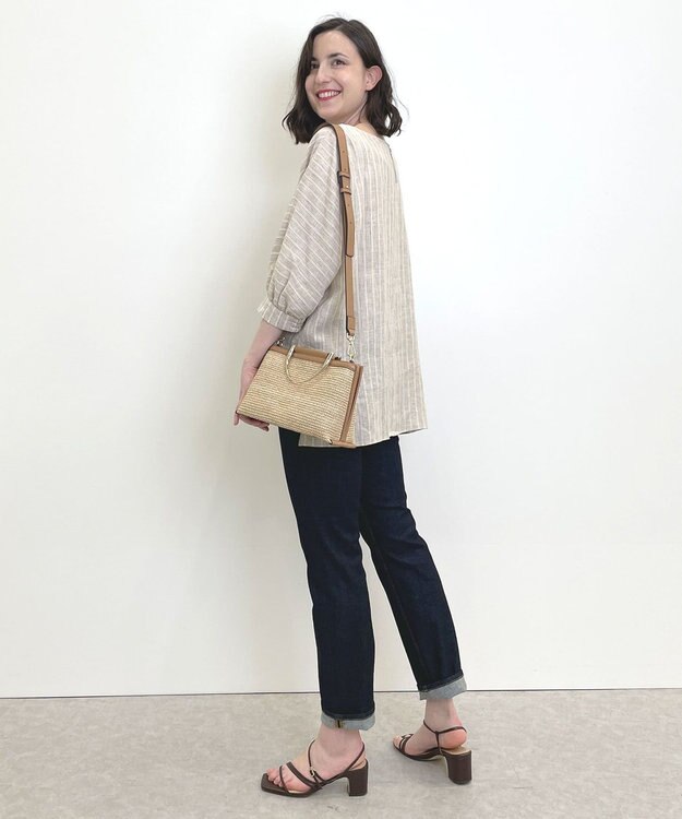 自由区 【洗える】リネンストライプ ボートネックブラウス ベージュ系1