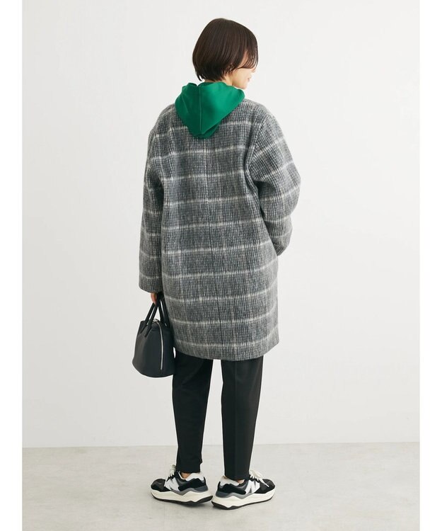 Green Parks コクーンシルエットチェックシャギーコート Black