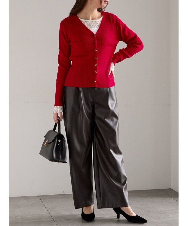 Te chichi ウェーブメタル釦Vネックリブカーディガン レッド