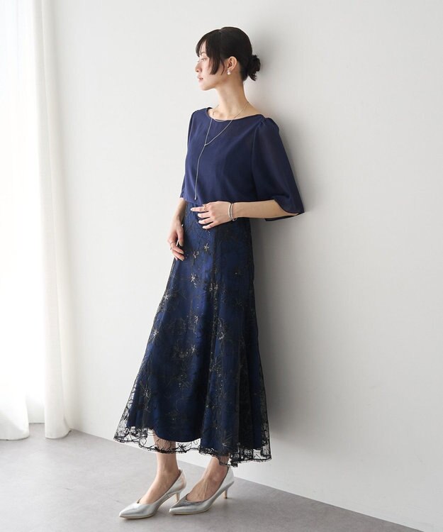 YECCA VECCA 【2点SET】フラワー柄スパンコール刺繍ドレス Navy
