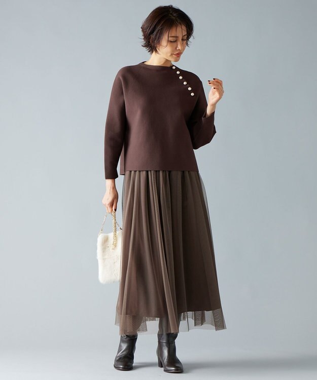 自由区 S ポリエステルホールガーメントラグランボタン ニット ダークブラウン系