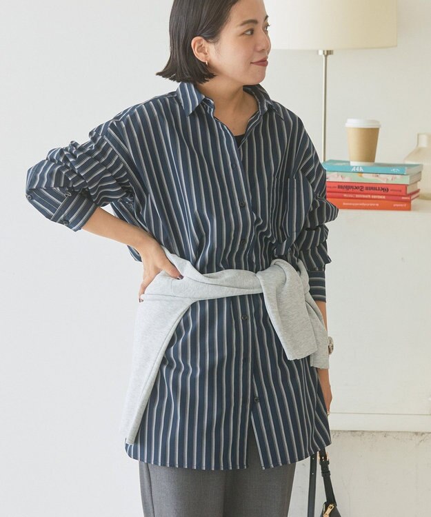 AMERICAN HOLIC イージーケアオーバーチュニックシャツ Stripe Navy