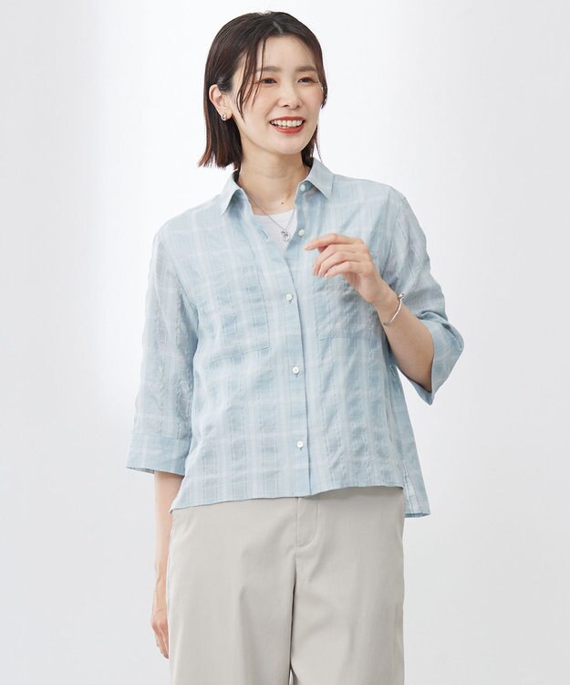 J.PRESS LADIES 【洗える】SHEER チェック シャツ ブラウス アクアグリーン系