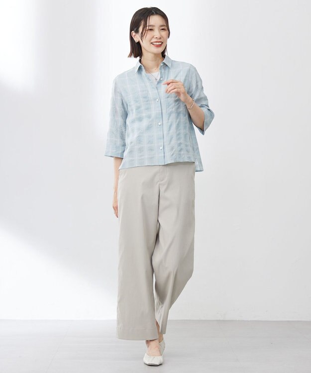 J.PRESS LADIES L 【洗える】SHEER チェック シャツ ブラウス アクアグリーン系