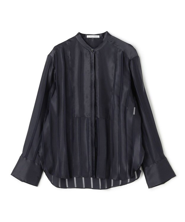 BEIGE， HAUYNITE / シアーストライプバンドカラーブラウス Navy