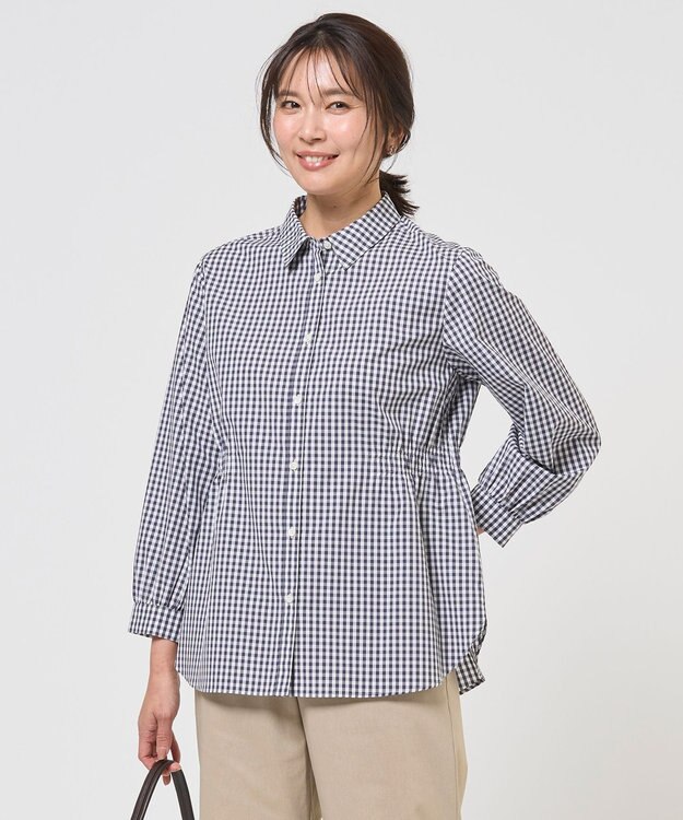 J.PRESS LADIES S 【WEB限定カラーあり】コンパクトエステネージュ シャーリング ブラウス ネイビーギンガム系