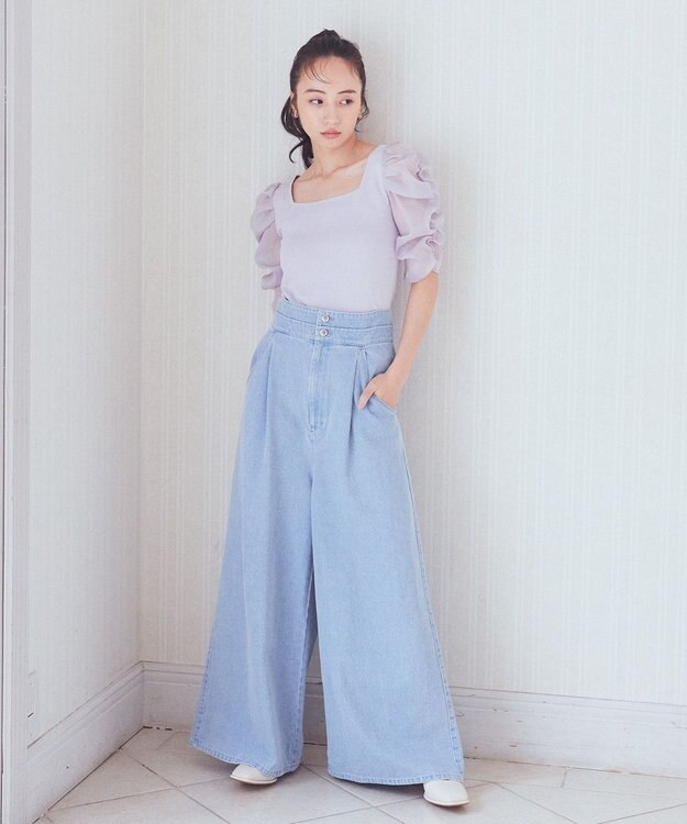 earth music&ecology ダブルベルトデザインワイドパンツ Light Indigo