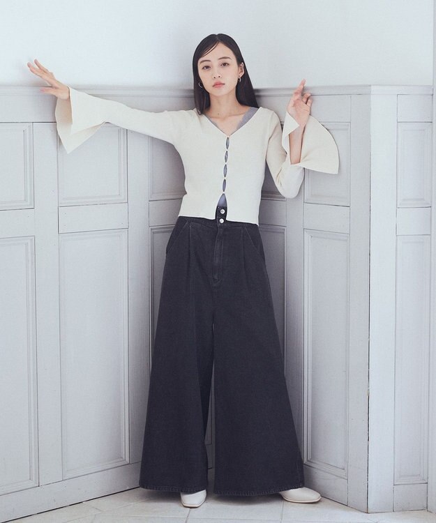 earth music&ecology ダブルベルトデザインワイドパンツ Black