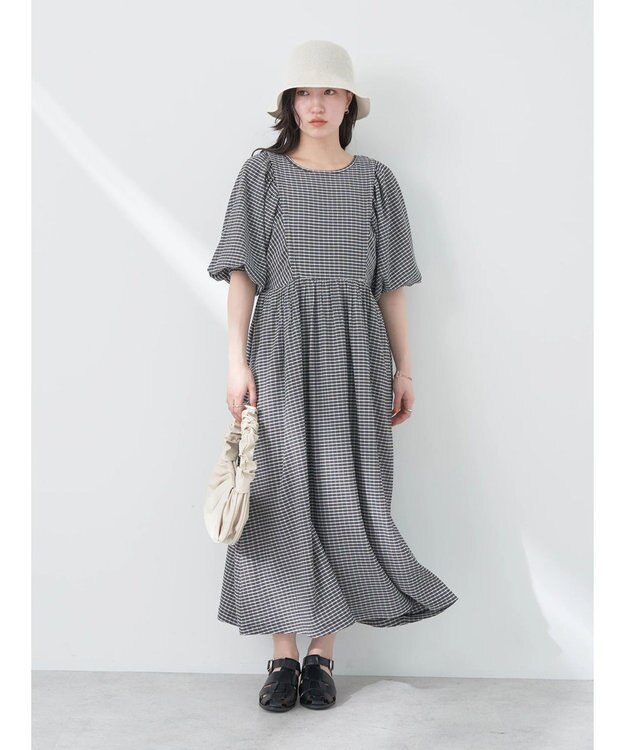 earth music&ecology ボリュームスリーブＣｈｅｃｋワンピース Black