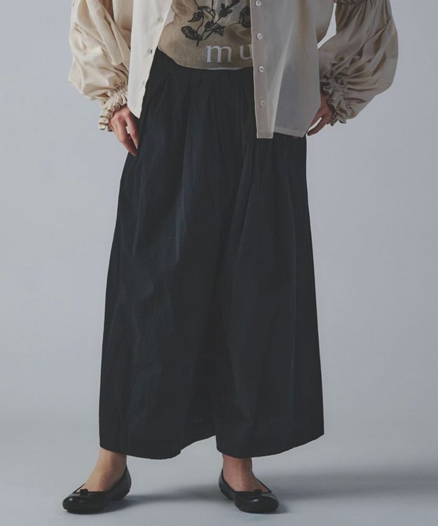muuc 〈綿100%〉〈涼しいワッシャー生地〉〈裾タック入り〉ワイドパンツ ブラック