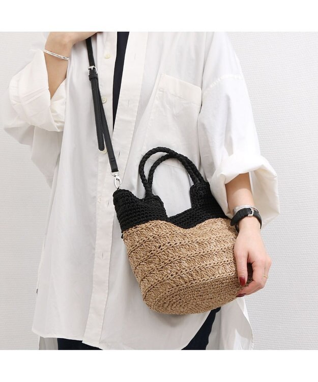 UNBILLION カシュカシュ cachecache / 切り替え柄編みミニトート カゴバッグ ブラック