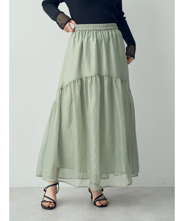 YECCA VECCA 箔プリントシアーギャザースカート Green