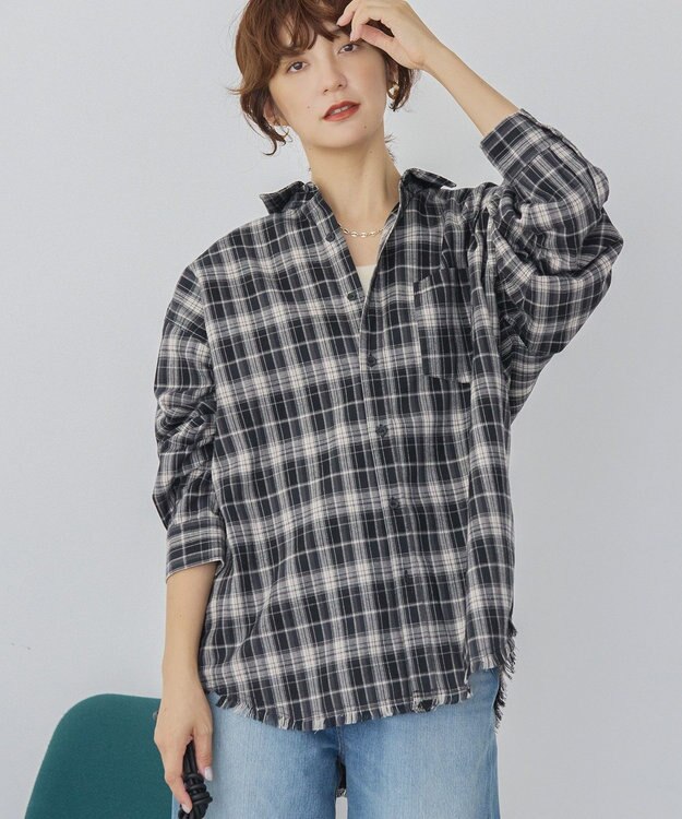 AMERICAN HOLIC フリンジヘム起毛チェックシャツ Check Black