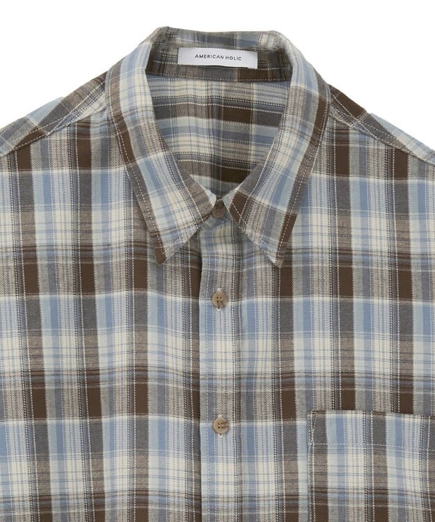 AMERICAN HOLIC フリンジヘム起毛チェックシャツ Check Blue