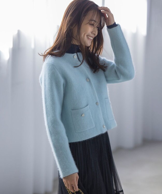 組曲 L 【手洗い可】フラッフィーファーニットジャケット サックスブルー系