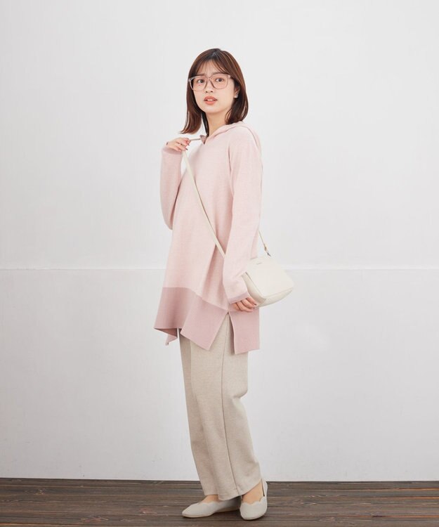 Tiaclasse L メランジ配色フーディーニットチュニック ピンク