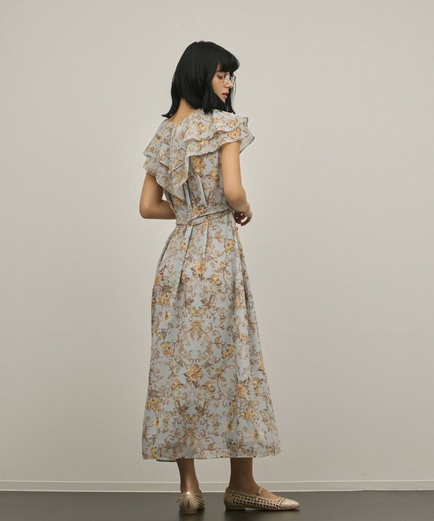 GRACE CONTINENTAL サラサプリントフリルカラーワンピース サックス
