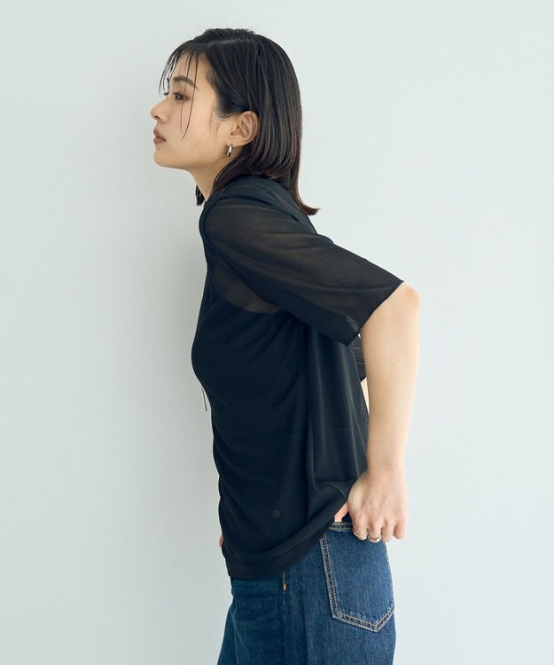 YECCA VECCA クルーネック5分袖シアートップス Black